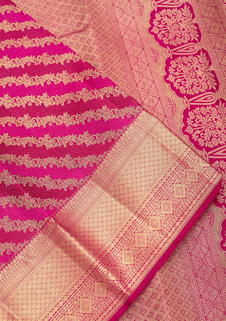 Magenta Pink Pure Silk Stripes Saree With Matching Blouse Piece