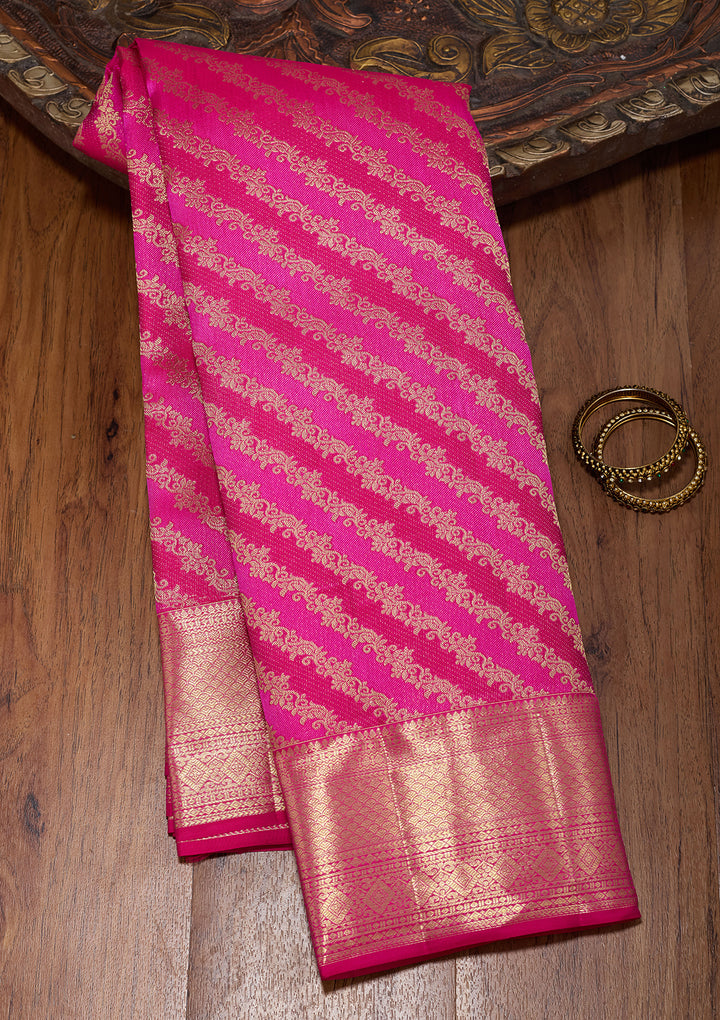 Rani Pink Pure Silk Stripes Saree With Matching Blouse Piece
