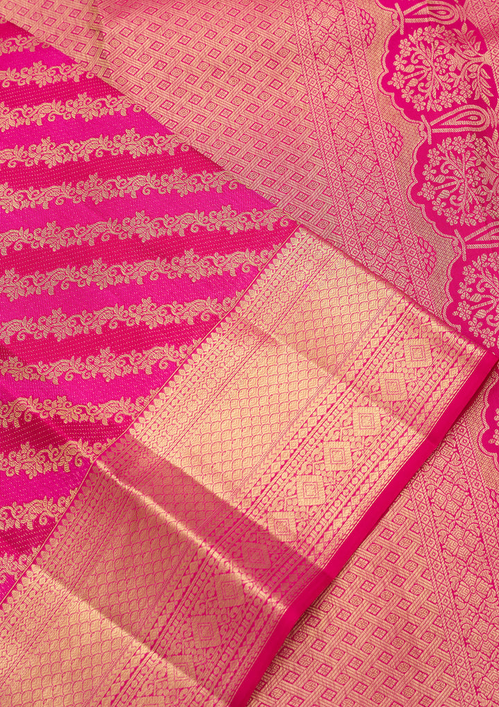 Rani Pink Pure Silk Stripes Saree With Matching Blouse Piece