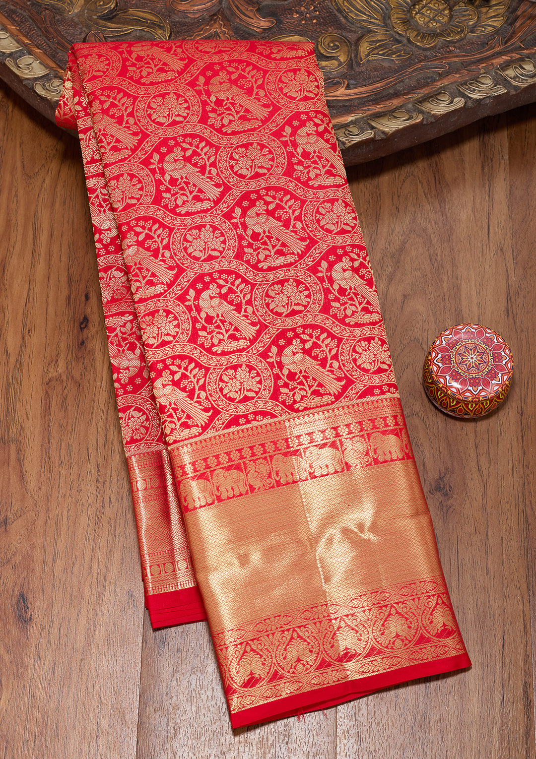 Red Pure Silk Jaal Saree With Matching Blouse Piece
