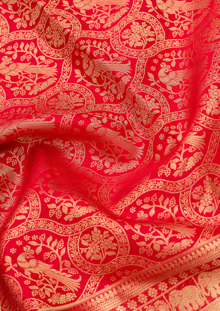 Red Pure Silk Jaal Saree With Matching Blouse Piece