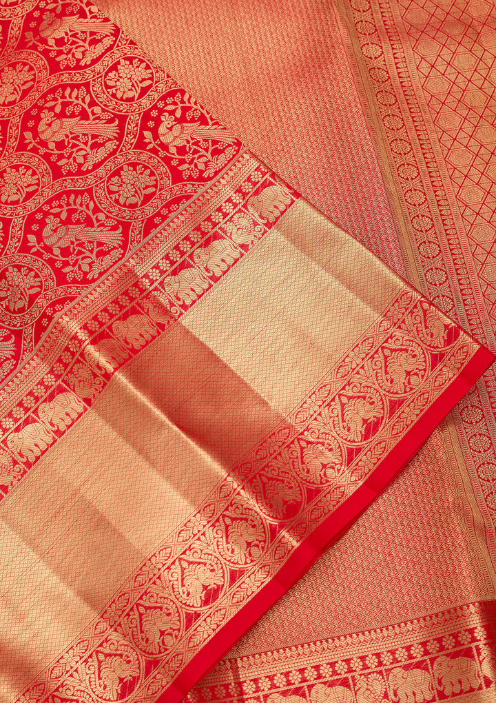Red Pure Silk Jaal Saree With Matching Blouse Piece