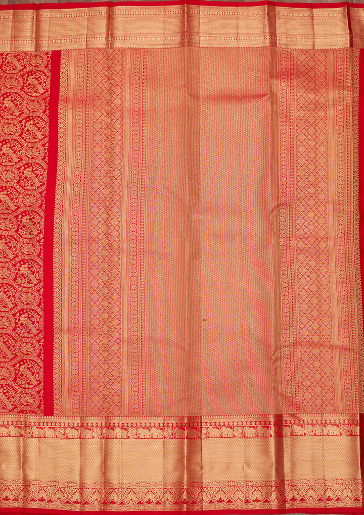 Red Pure Silk Jaal Saree With Matching Blouse Piece