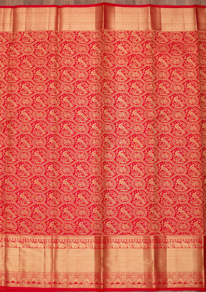 Red Pure Silk Jaal Saree With Matching Blouse Piece