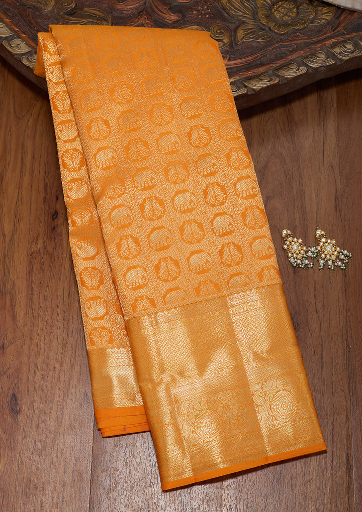 Mustard Yellow Pure Silk Jaal Saree With Matching Blouse Piece
