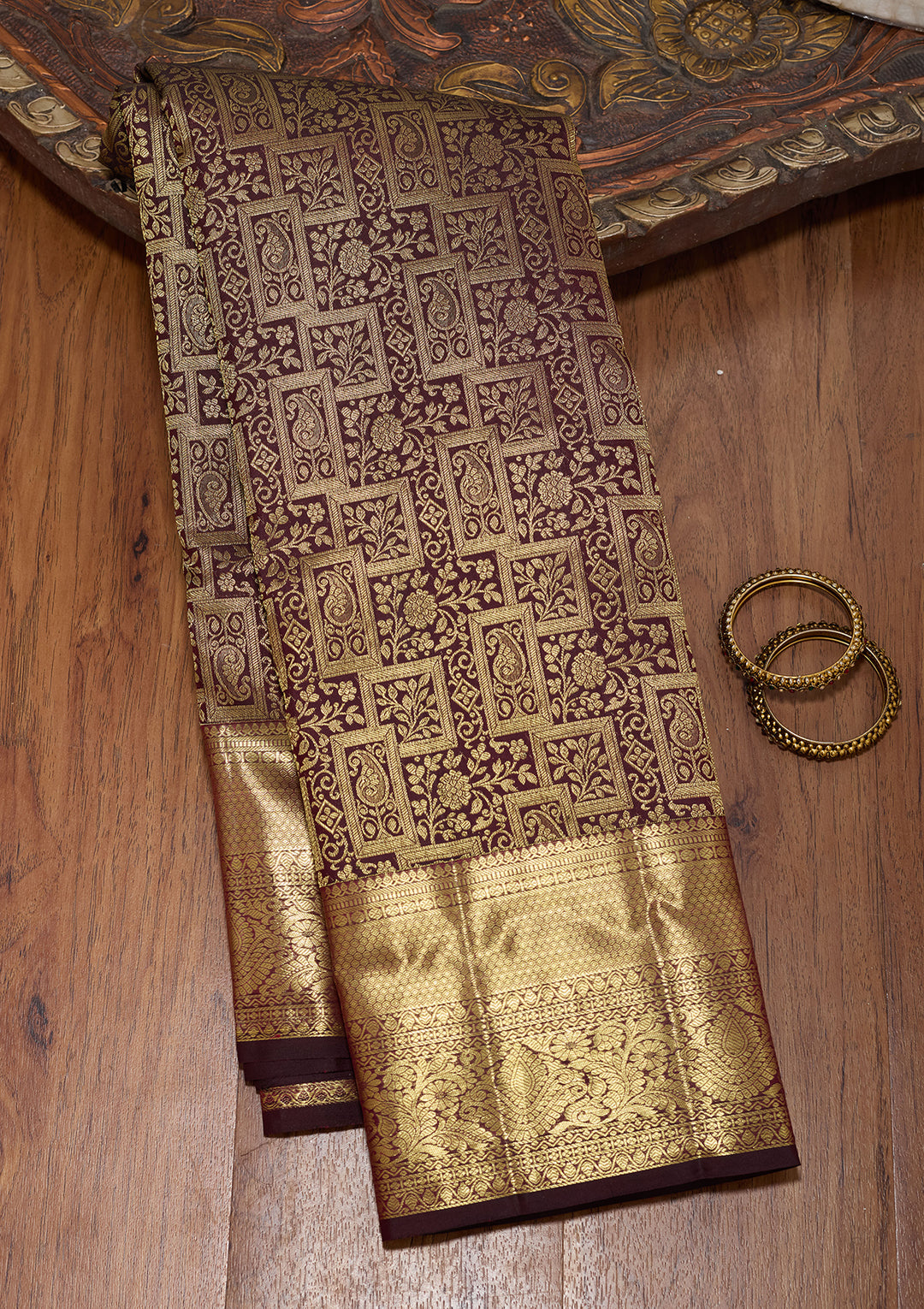 Brown Pure Silk Jaal Saree With Matching Blouse Piece
