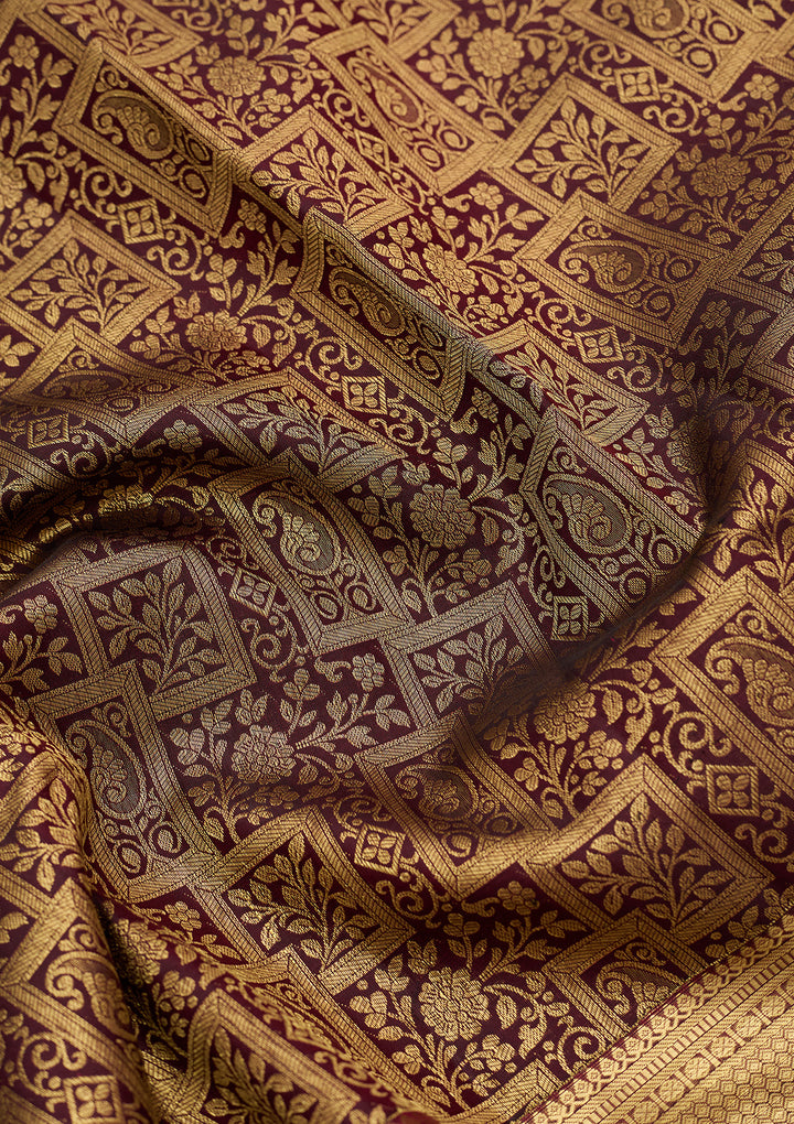 Brown Pure Silk Jaal Saree With Matching Blouse Piece