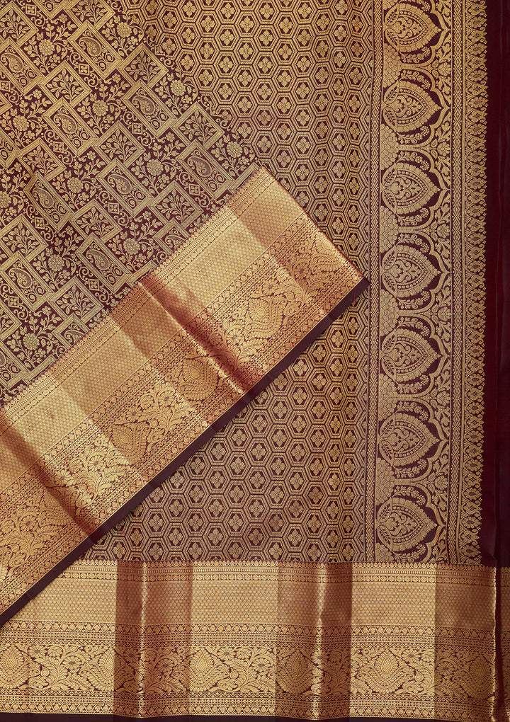 Brown Pure Silk Jaal Saree With Matching Blouse Piece