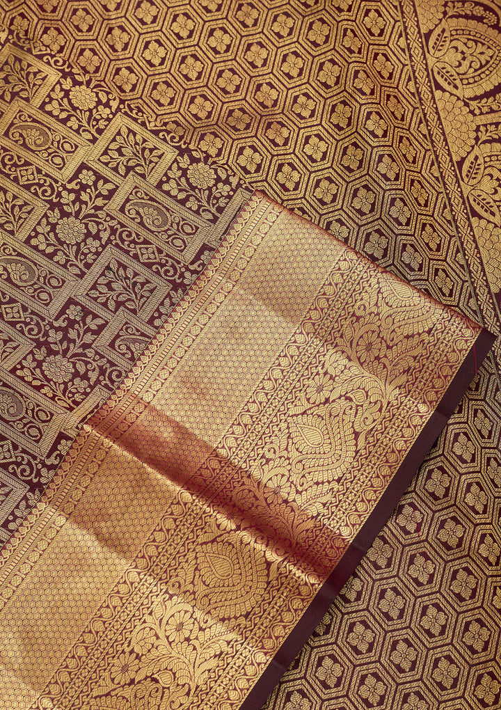 Brown Pure Silk Jaal Saree With Matching Blouse Piece