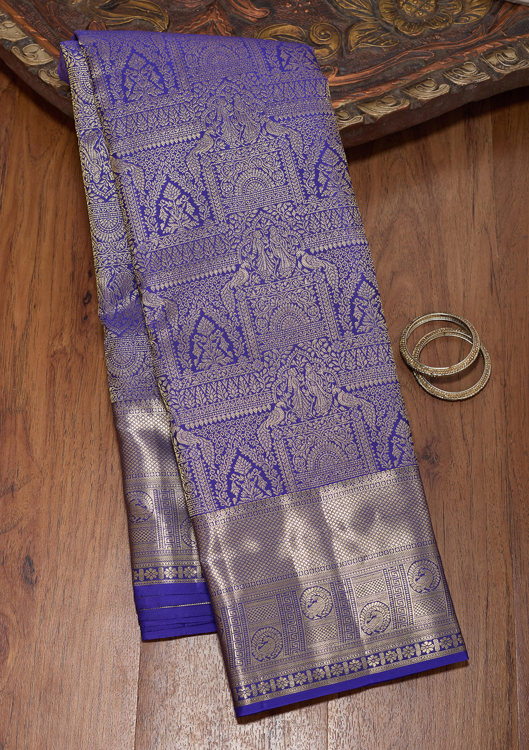 Royal Blue Pure Silk Jaal Saree With Matching Blouse Piece