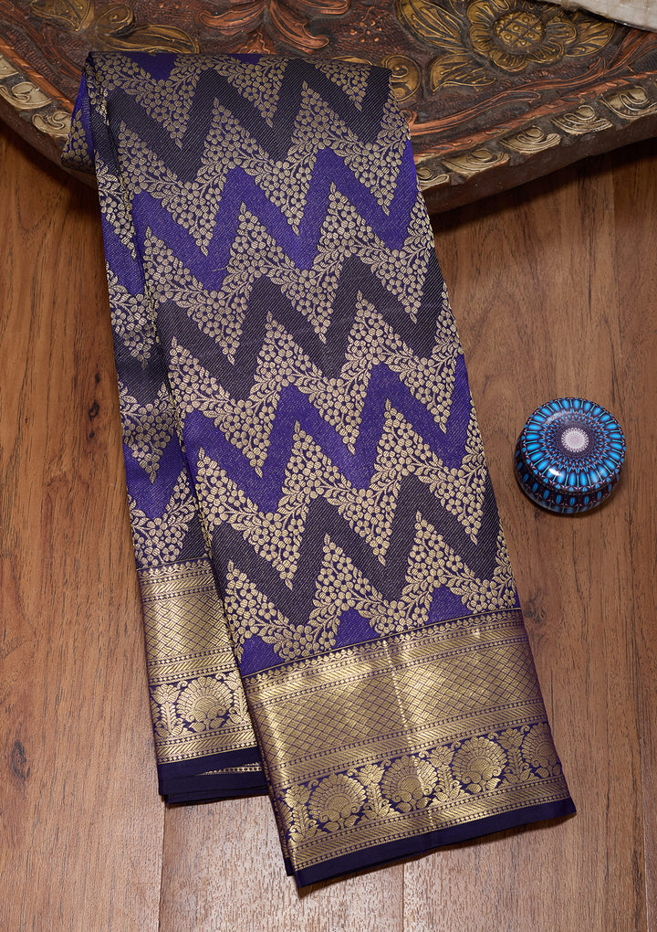 Navy Blue Pure Silk Jaal Saree With Matching Blouse Piece