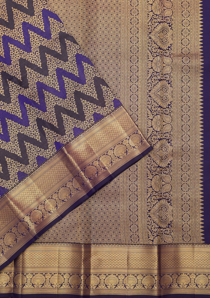 Navy Blue Pure Silk Jaal Saree With Matching Blouse Piece