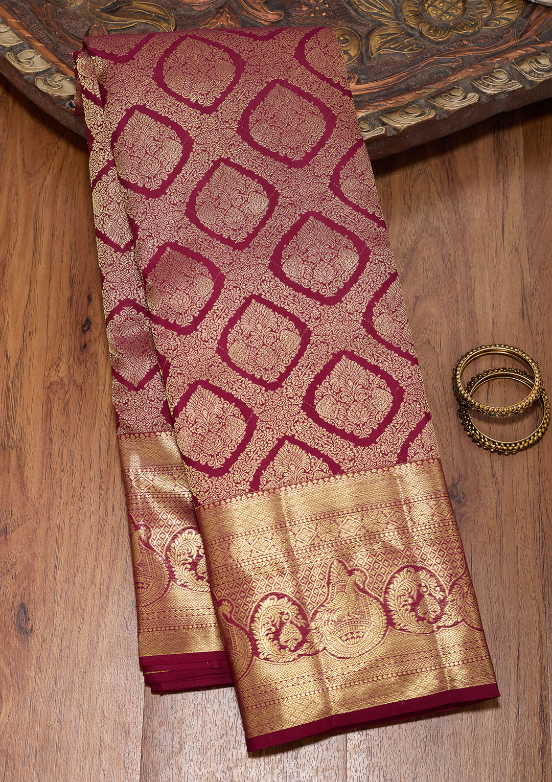Wine Pure Silk Jaal Saree With Matching Blouse Piece