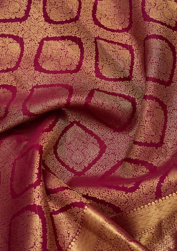 Wine Pure Silk Jaal Saree With Matching Blouse Piece