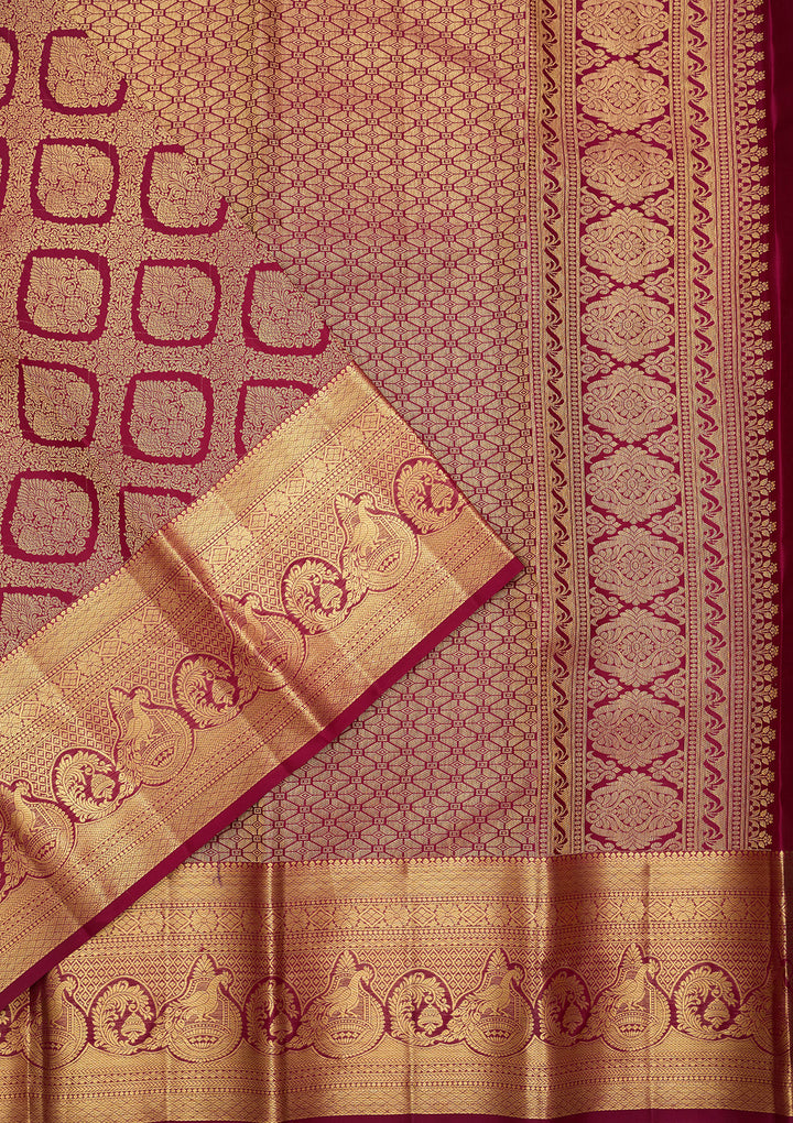 Wine Pure Silk Jaal Saree With Matching Blouse Piece