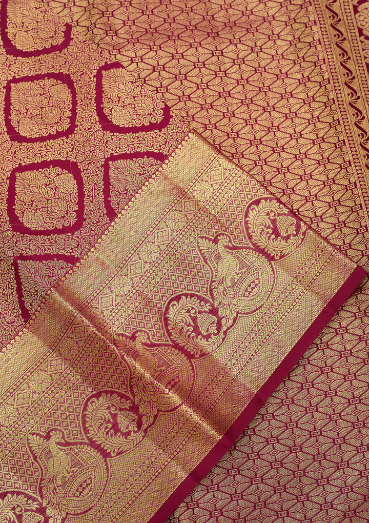 Wine Pure Silk Jaal Saree With Matching Blouse Piece