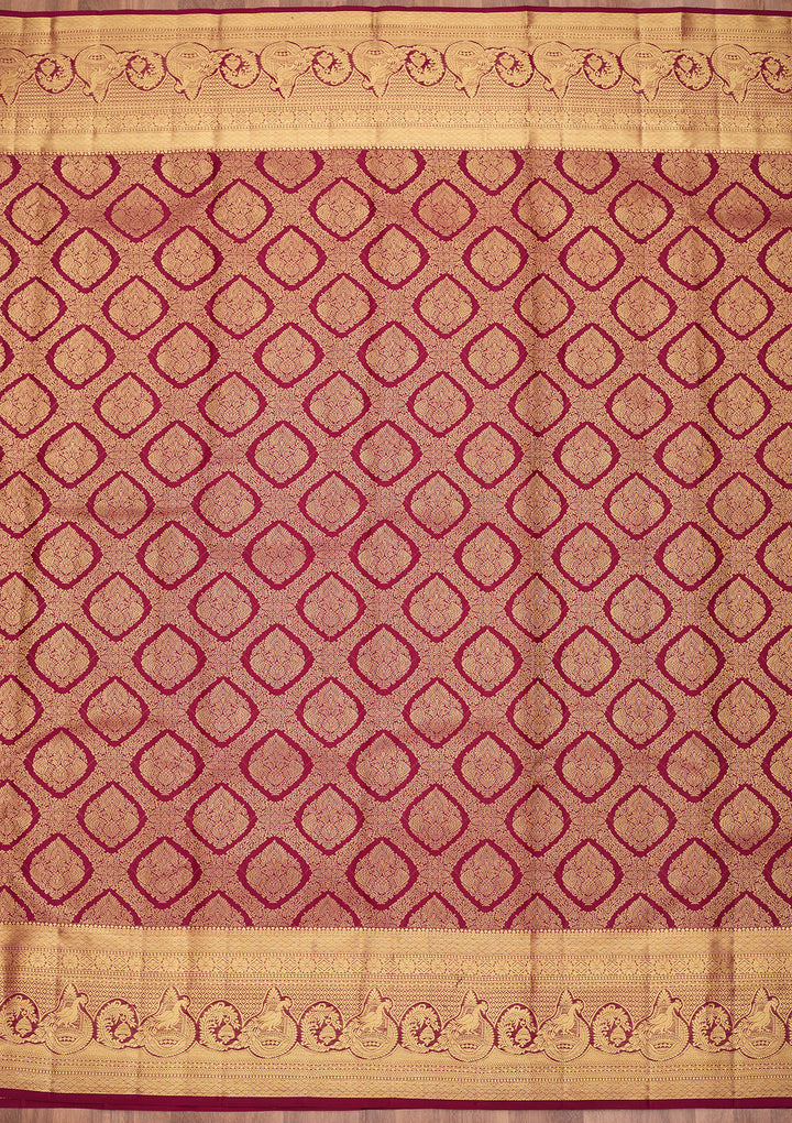 Wine Pure Silk Jaal Saree With Matching Blouse Piece
