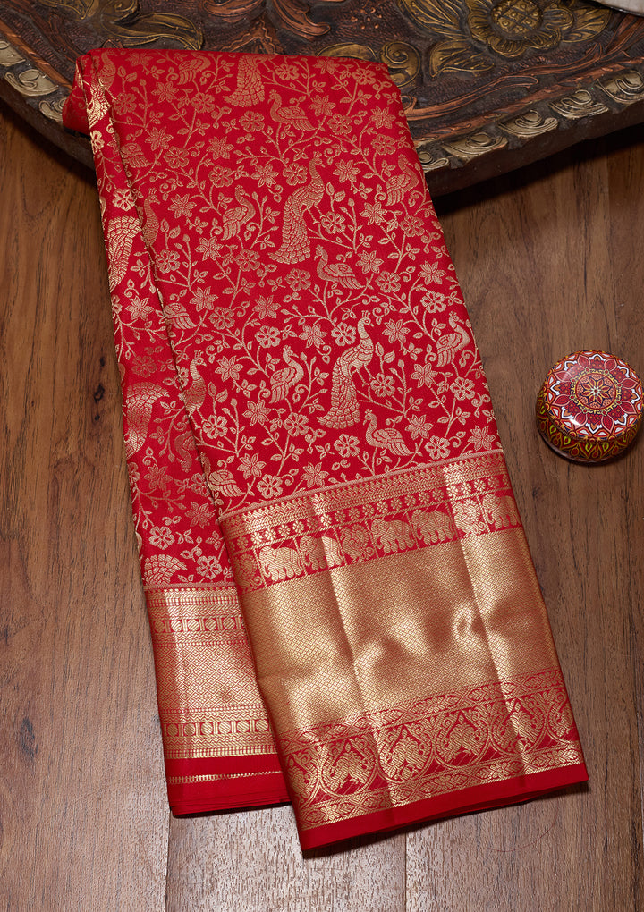 Red Pure Silk Jaal Saree With Matching Blouse Piece