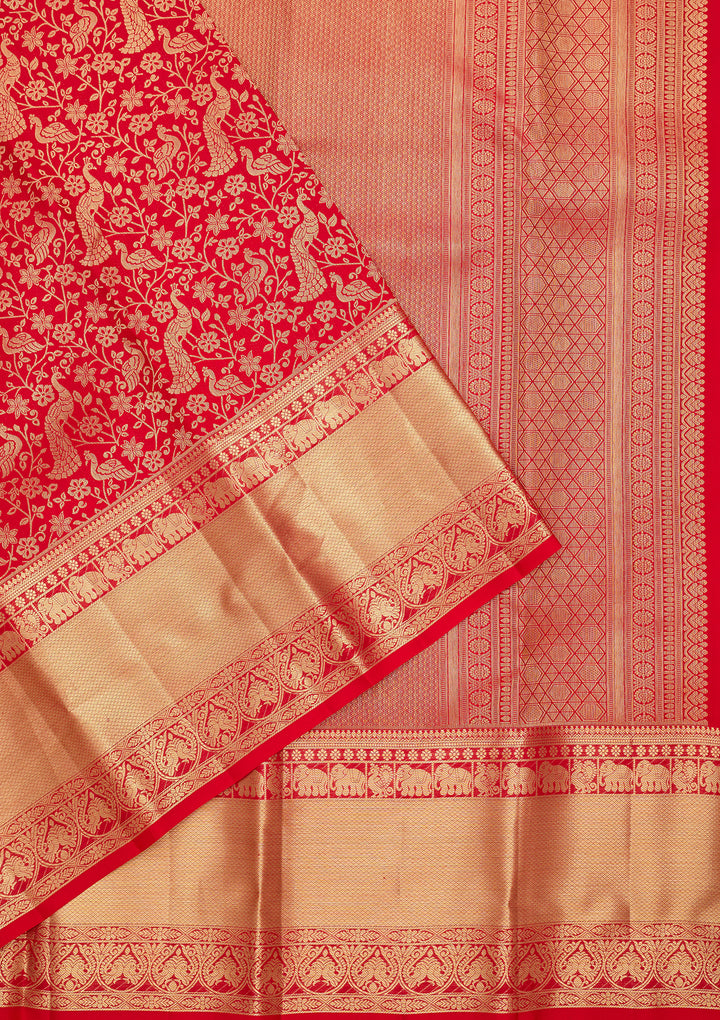 Red Pure Silk Jaal Saree With Matching Blouse Piece