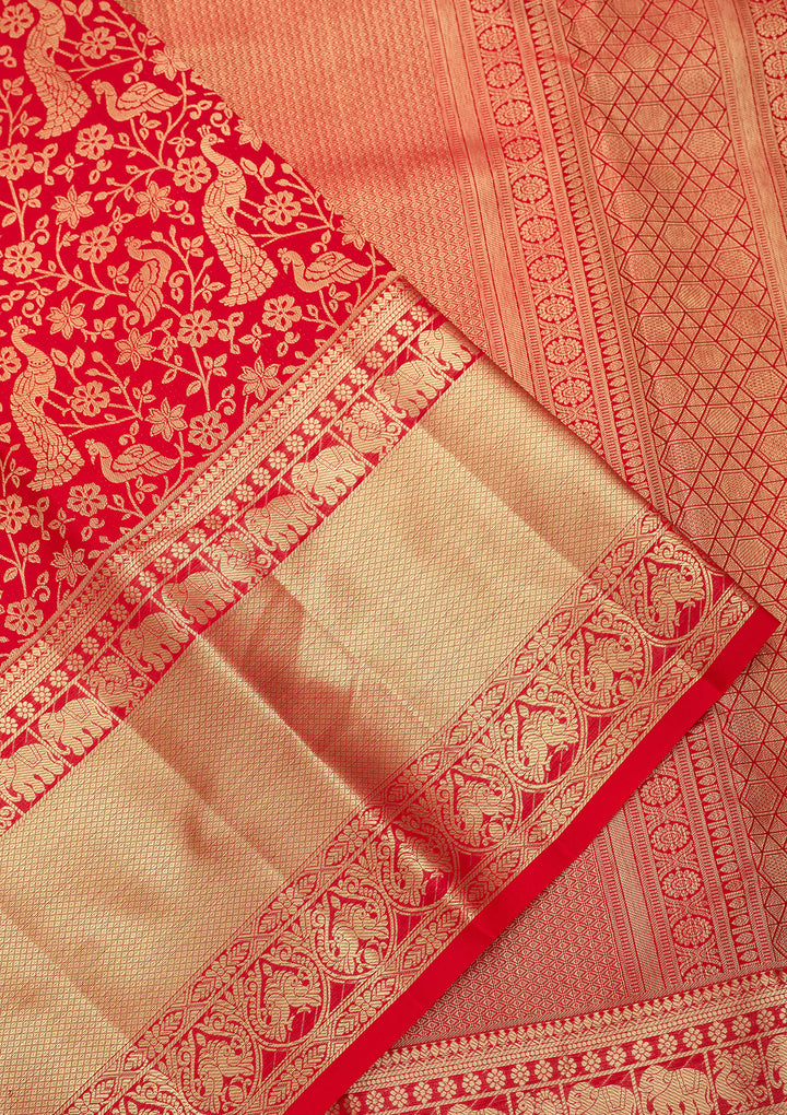 Red Pure Silk Jaal Saree With Matching Blouse Piece