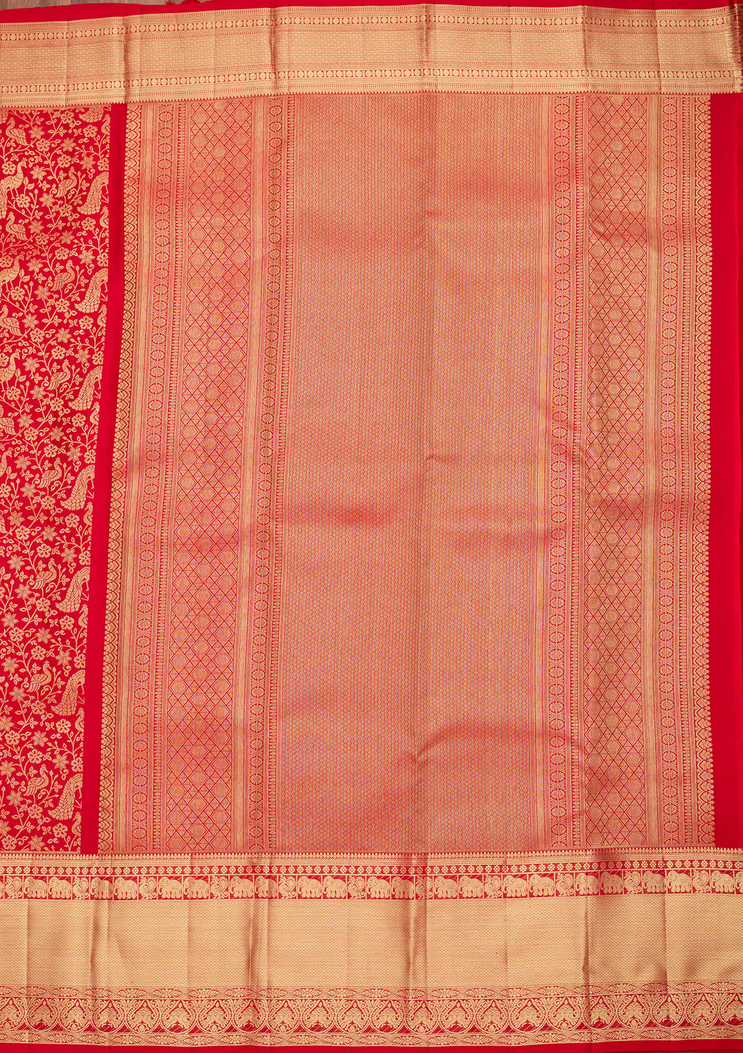 Red Pure Silk Jaal Saree With Matching Blouse Piece