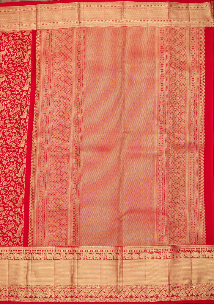 Red Pure Silk Jaal Saree With Matching Blouse Piece