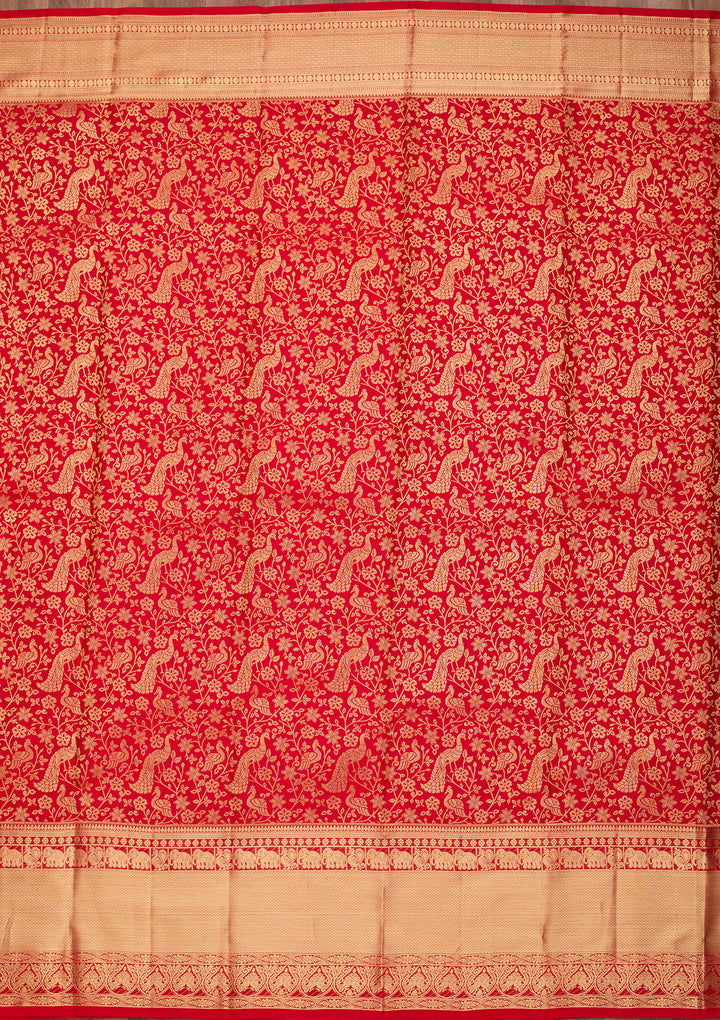 Red Pure Silk Jaal Saree With Matching Blouse Piece
