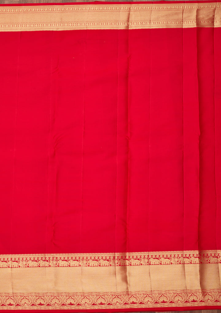 Red Pure Silk Jaal Saree With Matching Blouse Piece