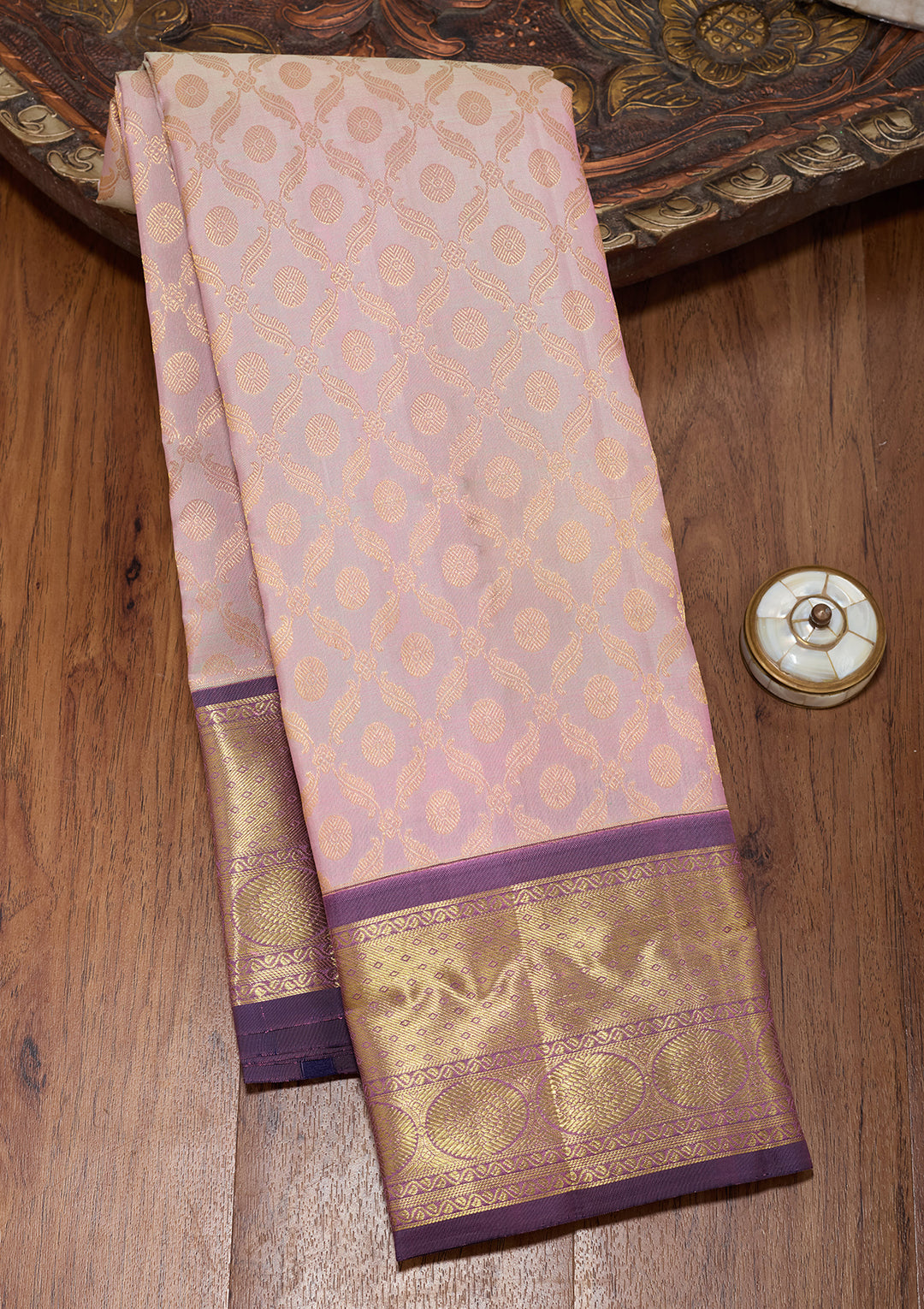 Light Lavender Pure Silk Jaal Saree With Matching Blouse Piece