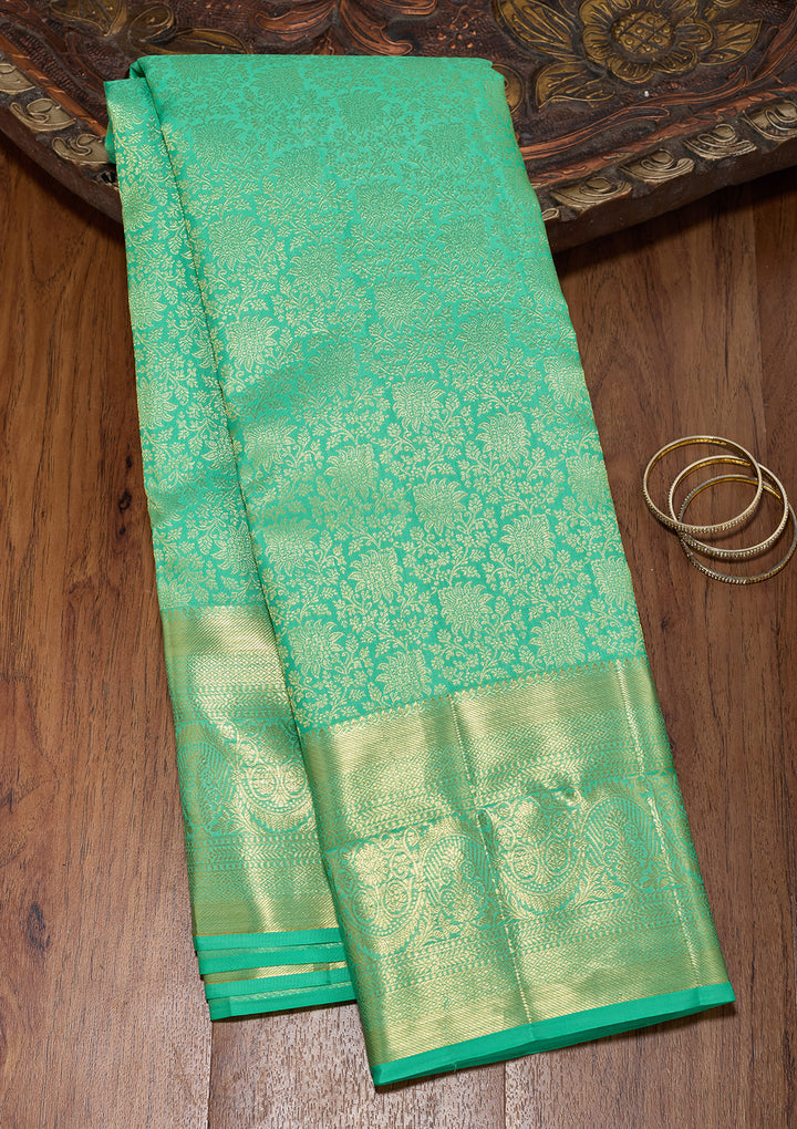Sea Green Pure Silk Jaal Saree With Matching Blouse Piece
