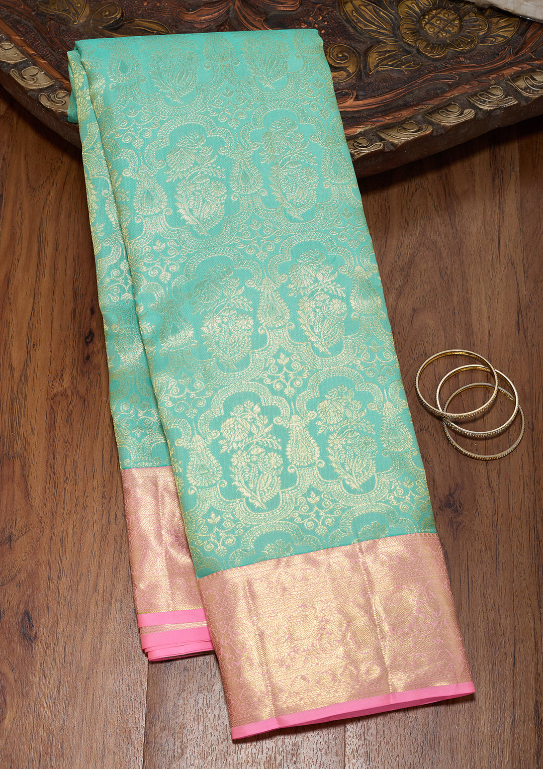 Sea Green Pure Silk Jaal Saree With Matching Blouse Piece