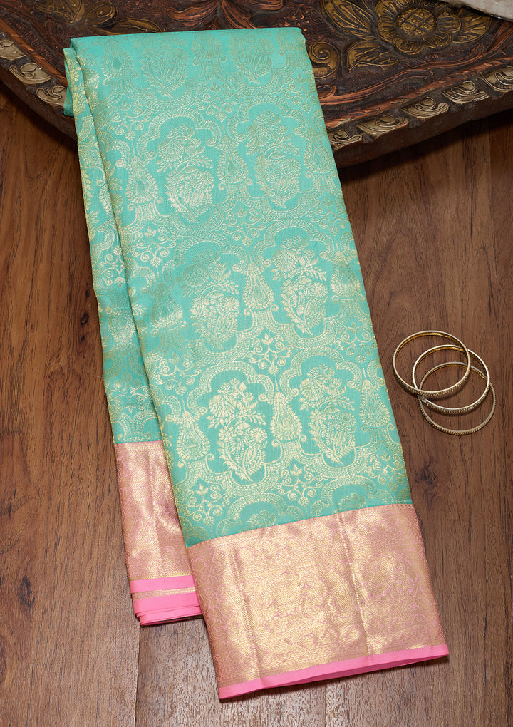 Sea Green Pure Silk Jaal Saree With Matching Blouse Piece