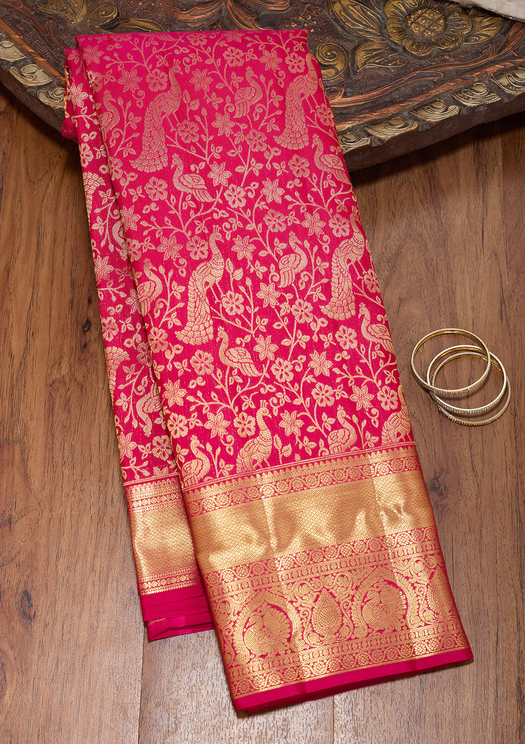Rani Pink Pure Silk Jaal Saree With Matching Blouse Piece