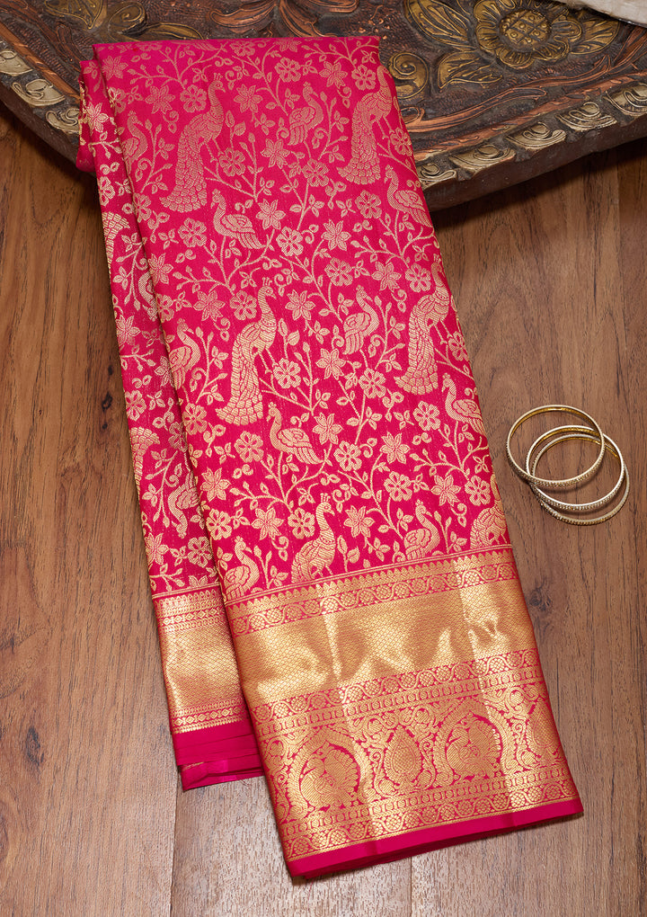 Rani Pink Pure Silk Jaal Saree With Matching Blouse Piece