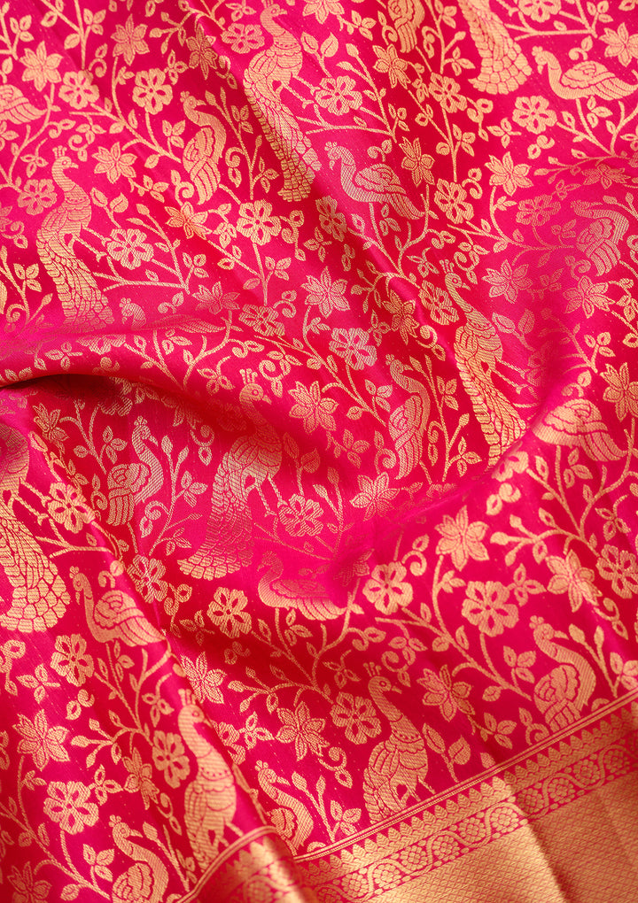 Rani Pink Pure Silk Jaal Saree With Matching Blouse Piece