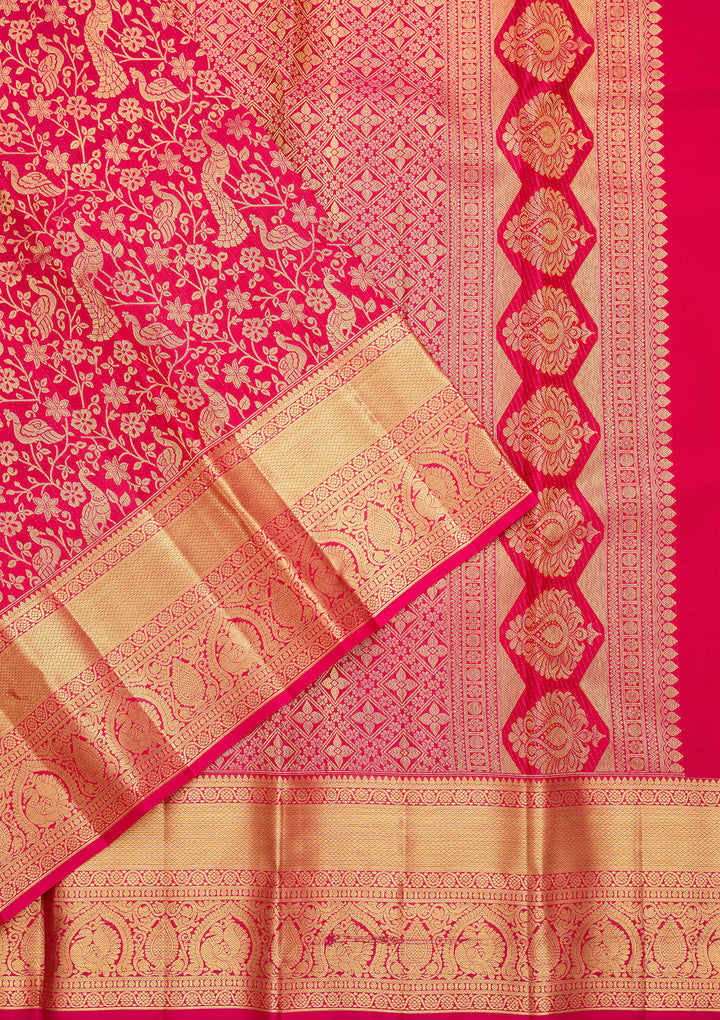 Rani Pink Pure Silk Jaal Saree With Matching Blouse Piece
