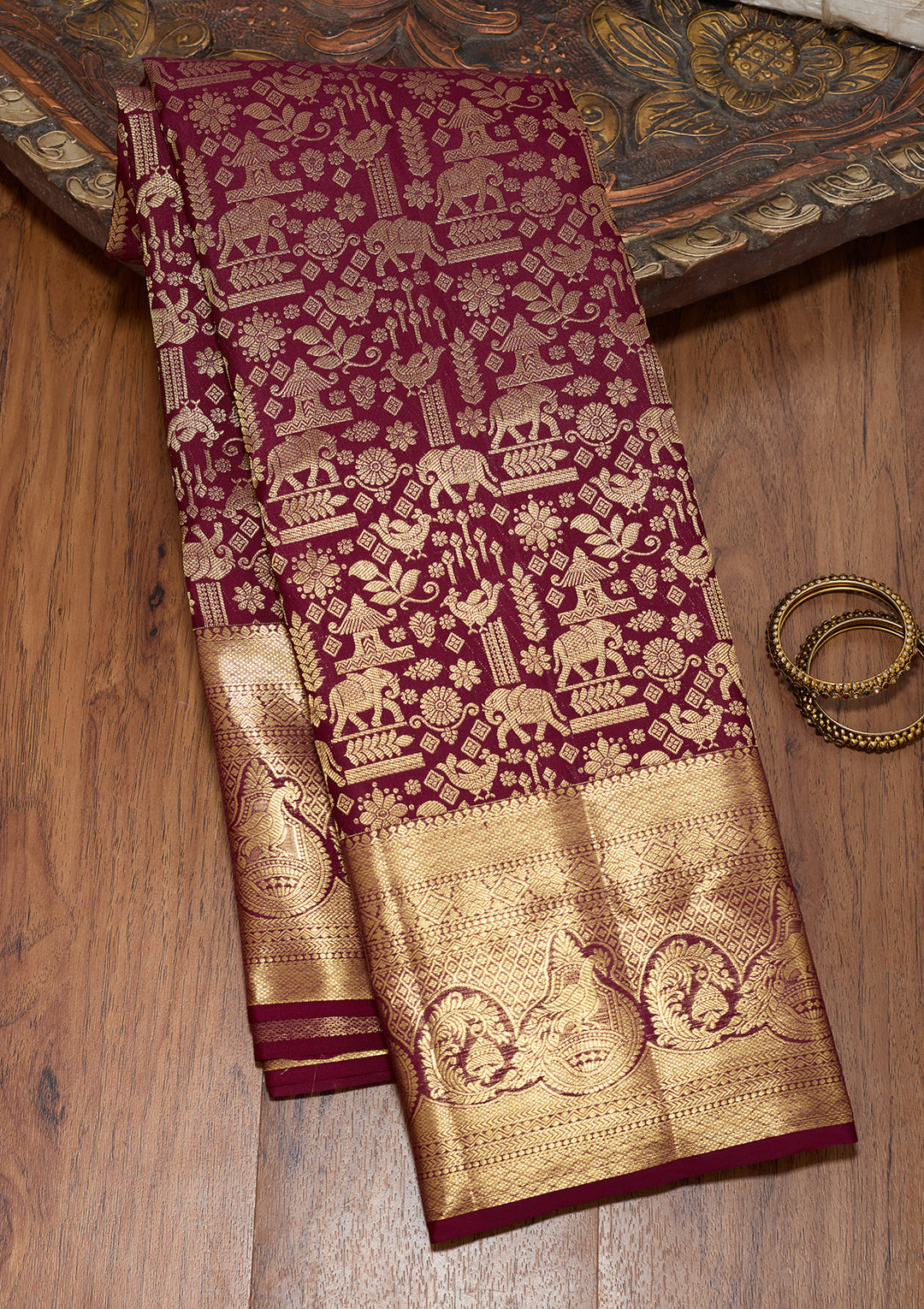 Wine Pure Silk Jaal Saree With Matching Blouse Piece