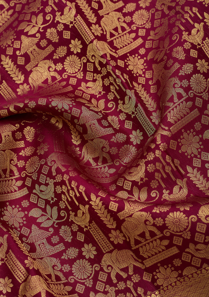 Wine Pure Silk Jaal Saree With Matching Blouse Piece