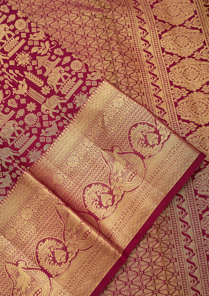 Wine Pure Silk Jaal Saree With Matching Blouse Piece