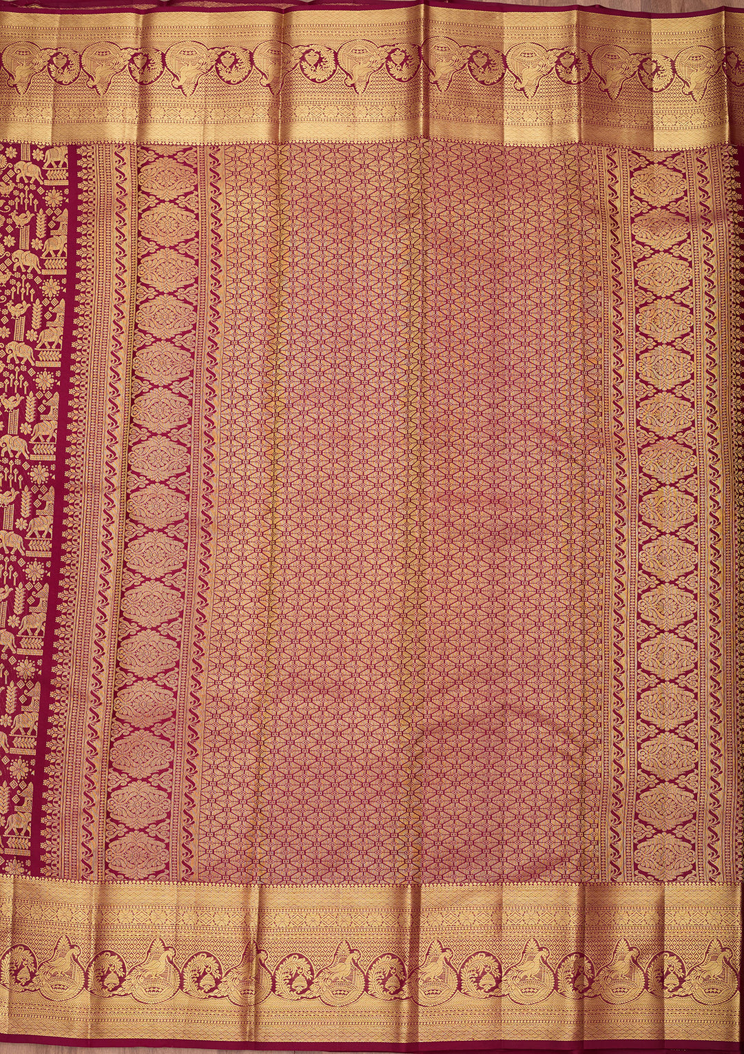 Wine Pure Silk Jaal Saree With Matching Blouse Piece