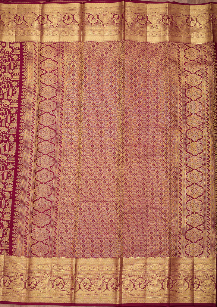 Wine Pure Silk Jaal Saree With Matching Blouse Piece