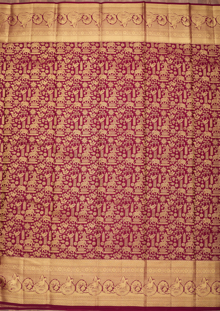 Wine Pure Silk Jaal Saree With Matching Blouse Piece