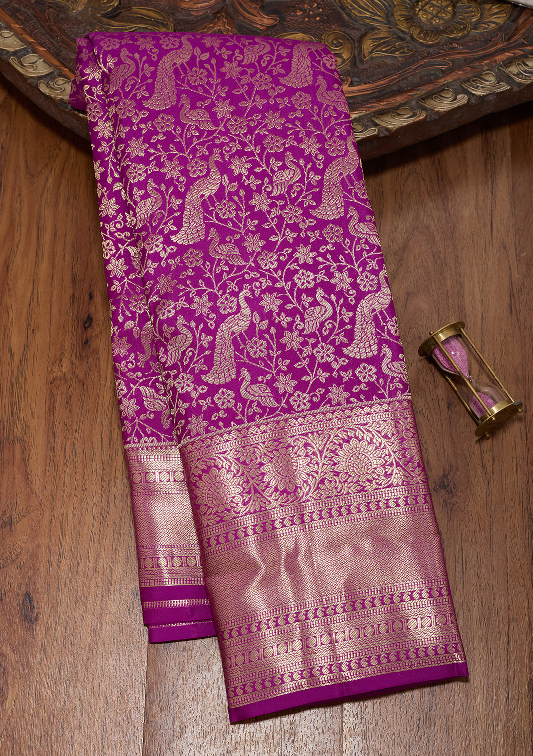 Purple Pure Silk Jaal Saree With Matching Blouse Piece