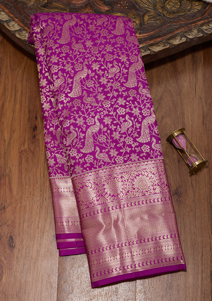 Purple Pure Silk Jaal Saree With Matching Blouse Piece