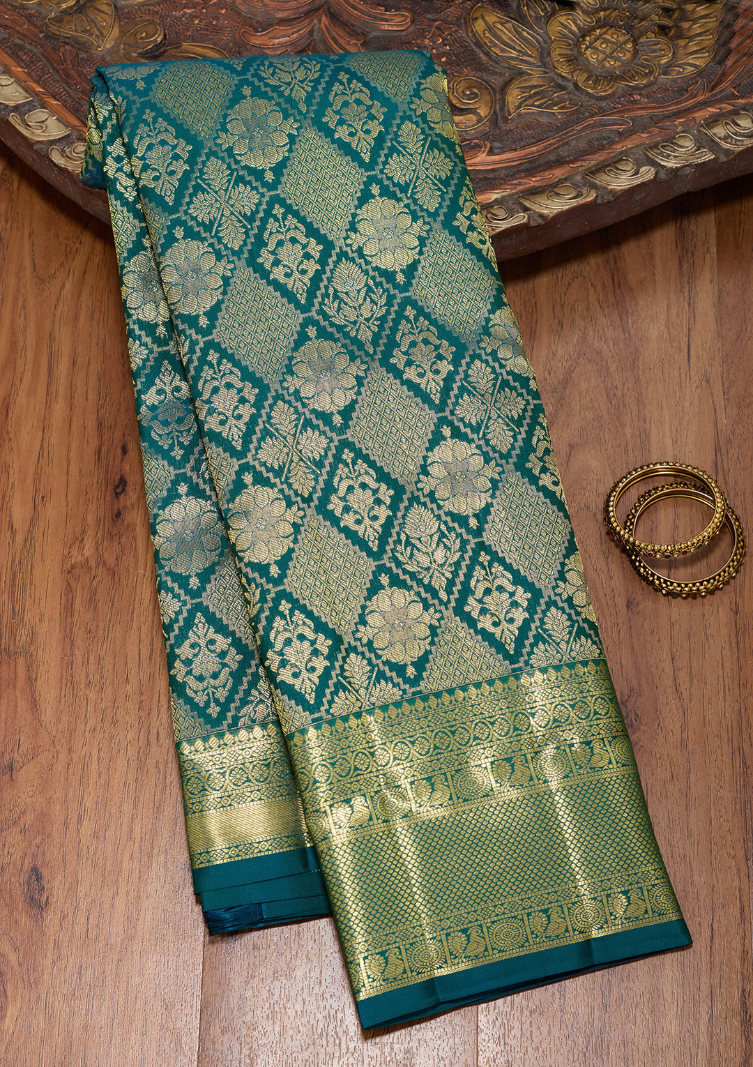 Bottle Green Pure Silk Jaal Saree With Matching Blouse Piece