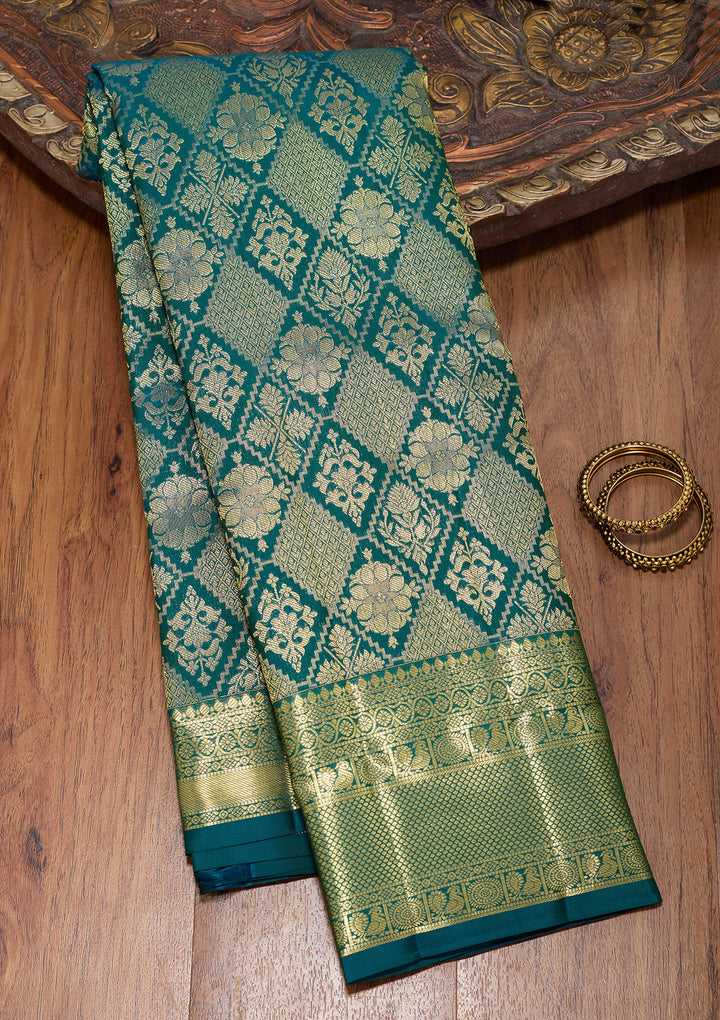 Bottle Green Pure Silk Jaal Saree With Matching Blouse Piece