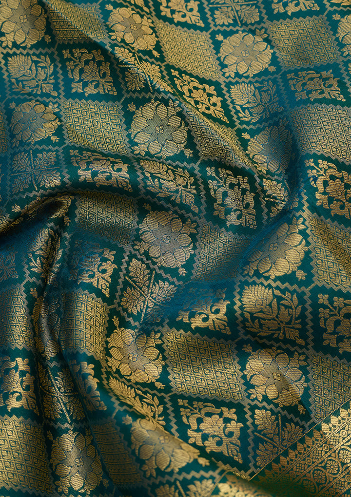 Bottle Green Pure Silk Jaal Saree With Matching Blouse Piece
