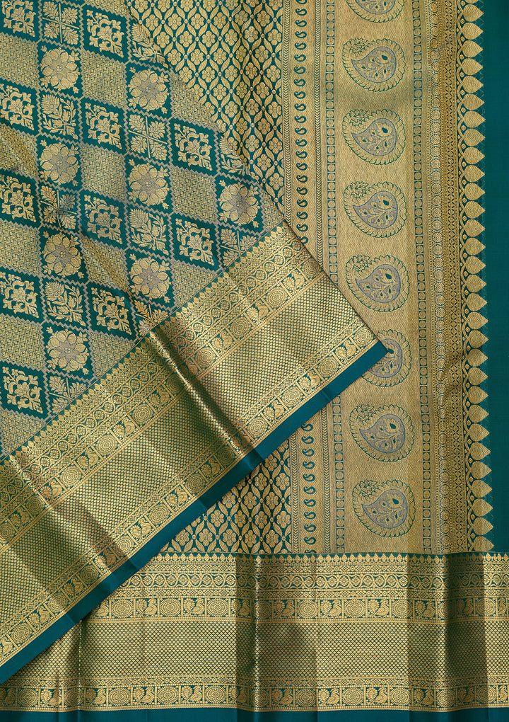 Bottle Green Pure Silk Jaal Saree With Matching Blouse Piece
