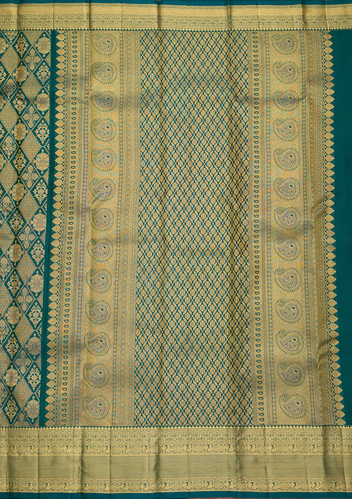 Bottle Green Pure Silk Jaal Saree With Matching Blouse Piece