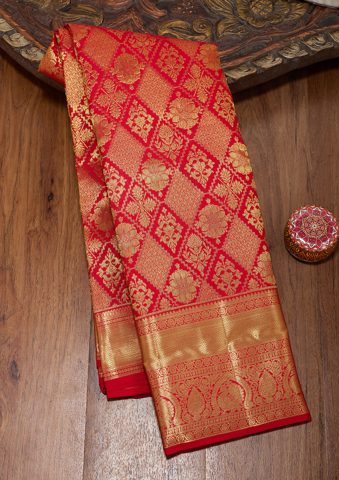 Red Pure Silk Jaal Saree With Matching Blouse Piece